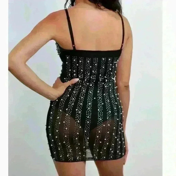 Women’s Light Sheer Top Layer Dress adorned in Rhinestones and Pearls Size Small - Picture 3 of 6